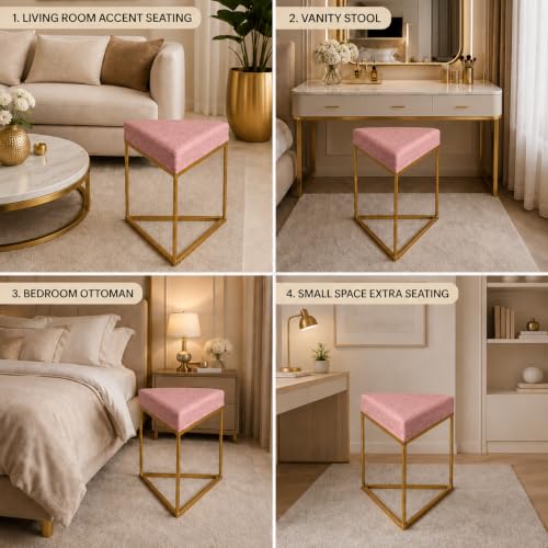 Image of Modern Velvet Triangular Vanity Stool with Gold Metal Frame | Upholstered Makeup Chair for Dressing Table | Accent Seating for Bedroom, Living Room & Home Decor-Pink