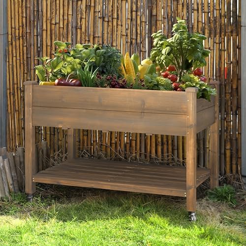 VEIKOU 48x24x33in Cedar Raised Garden Bed, Planter Raised Beds with Lockable Wheels, Storage Shelf, Raised Garden Beds Outdoor for Backyard, Patio, Balcony, Rustic