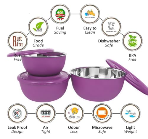 Image of Zaib Stainless Steel Microsafe Mixing Bowl Set with Lid, Purple, Set of 3 | Kitchen Food Storage, Serving & Reheating | Steel Inside Plastic Outside | Stackable (Classic Purple)