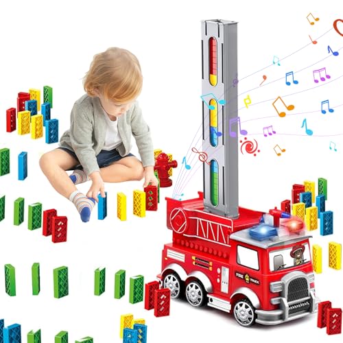 MeYuxg 80 Stück Dominosteine, Domino Zug Spielzeug Set, Automatischer Domino Train, mit Lichtern und Soundeffekten, Elektrischer Feuerwehrauto Spielzeug für Kinder Ab 3