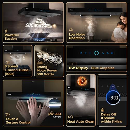 Image of Haier 90cm 2000 m3 /hr AI Smart T-Shape Chimney | Powerful 300W Motor & Digital Display | Easy Clean Pyramid Filter | 10 Yr Motor & 4 Yr Product Warranty | Free Installation & Pipe | Black | HIH-T5905