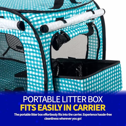 Image of Pet Fit For Life Extra Large Cat Carrier for Travel - Foldable & Portable Collapsible Kennel with Litter Box, Feather Toy & Water /Food Bowl - Ideal for Cars, Long Trips & Indoor Cats - Teal Checkers