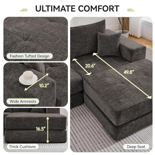 Image of 79 inch Boneless Cloud Loveseat Sofa Couch, Modular Tufted Foldable Floor Sofa with Ottoman, Chenille Lounge Convertible Sofa Bed for Living Room, No Assembly, Brown