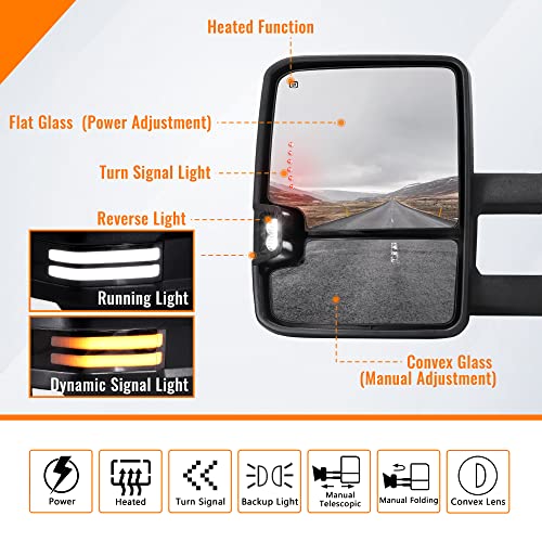 Switchback Towing Mirrors, For 2014-2018 Chevy Silverado Mirror, Gmc Sierra Power Heated Turn Signal Backup Light Manual Telescoping Mirrors Pair Set Painted White #TOP1