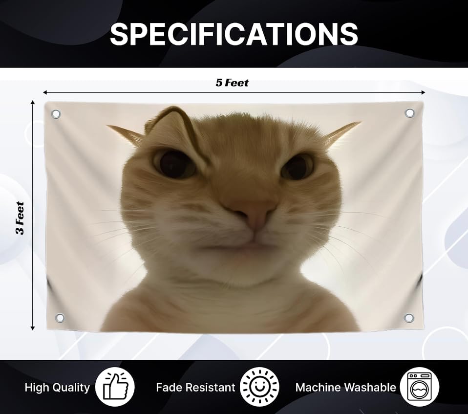 3x5 Feet Hilarious Cat Meme Flag with Four Brass Grommets - Single Sided Tapestry Posters with Cute Animals - Polyester Wall Durable Flags for Apartment Aesthetic Decor - Comical Banner for Room Kids - Image 2