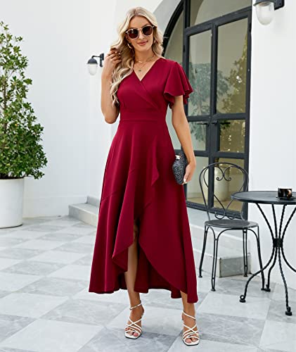 Image of Long Black Formal Dresses for Women Gowns Evening Party Cocktail Dress,Split Elegant V Neck Wrap Ruffle Wedding Guest Dresses
