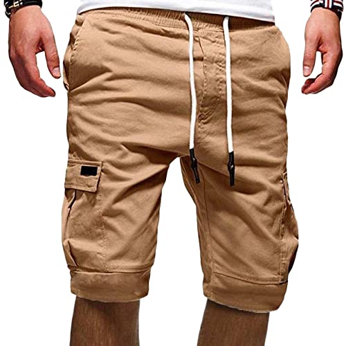 Maiyifu-GJ Men's Casual Elastic Waist Cargo Shorts Relaxed Fit Multi Pockets Outdoor Short Lightweight Hiking Short Pants (Khaki,Medium)