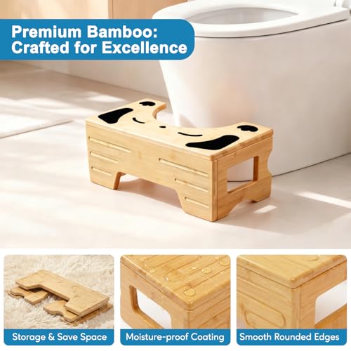 Image of Foldable Toilet Stool, Bamboo Squat Stool for Bathroom, Space-Saving Poop Stool with Comfortable 7 inch Daily Use Height, Potty Stool for Improved Posture, Optional 9 inch Height Mode (Dog Design)