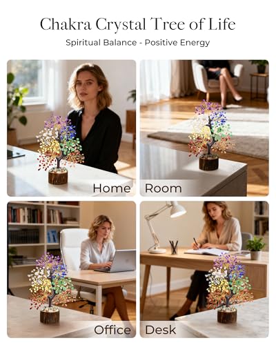 Image of 7 Chakra Crystal Tree of Life, Handmade Crystal Decor for Desk, Home Office & Meditation Room, Meaningful and Calming Gemstone Tree,Housewarming, Birthday Gifts for Women, Mom