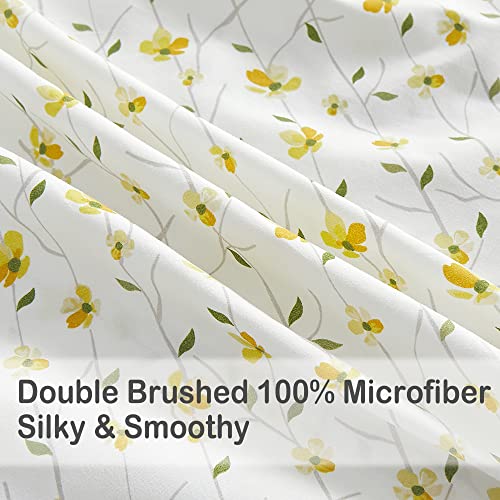 softan Yellow Floral Sheets for Queen Size Bed Printed Flower Queen Size Sheets - 4 Piece Soft Microfiber Patterned Fitted Sheets Queen with 15" Deep Pocket - Thumbnail 4