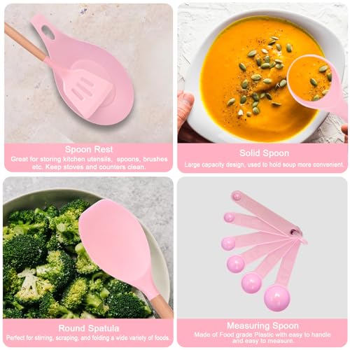 Helterfolg Utensilios Cocina de Silicona, 29 piezas juego de utensilios de cocina de silicona de con soporte para utensilios, mango de madera antiadherente resistente al calor (Rosa) - imagen 6