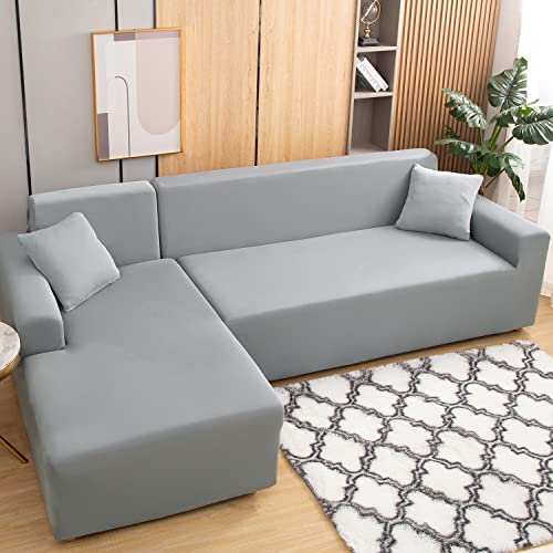 ShowyLive Sofa Überzug Couch Überzug 2er Set für Ecksofa L-Form Sofabezug 3 Sitzer+3 Sitzer, mit 2 Stück Kissenbezug, Hellgrau