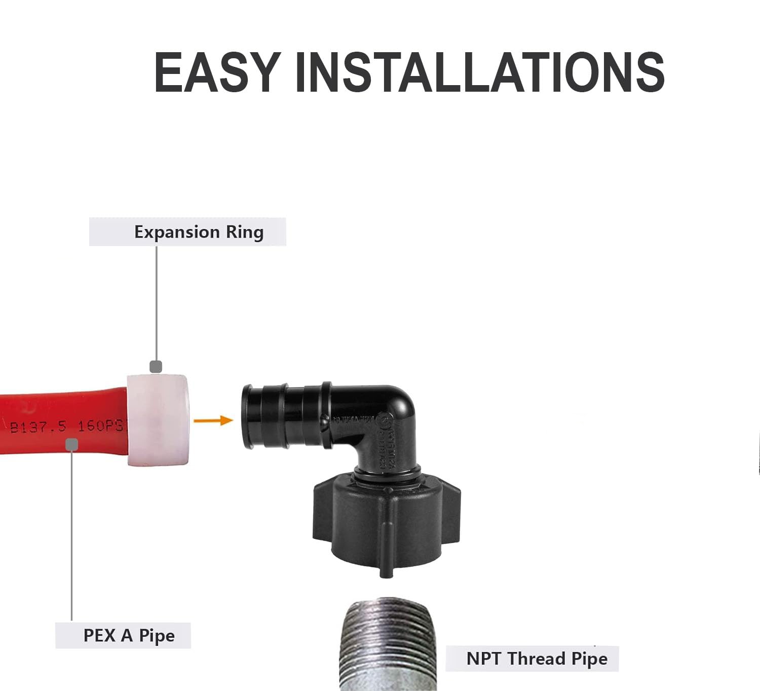 Paquete de 10 adaptadores Pex A de expansión de 1/2 x 1/2 pulgada hembra NPT de codo giratorio de 90 grados de polietileno PPSU para tuberías/tubos PEX-A, ASTM F1960 (10 unidades de 1/2