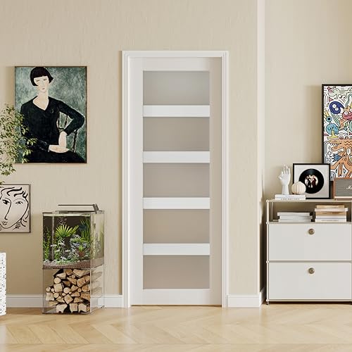 Image of 30 inch x 80 inch French Interior Door, 5 Lite Tempered Frosted Glass Panel for Pantry & Bedroom, Single Pre-drilled Holes Slab Door, White Primed, Assembly Required (Hinges Not Included)