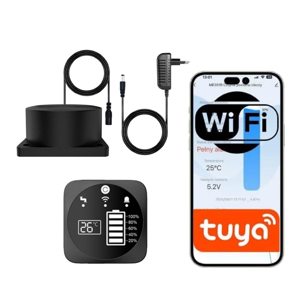 WLAN Ultraschallsensor mit Display, Zisterne Wassertank Sensor 0,1–5 m Wassermelder App-Steuerung via Tuya, IP65 Flüssigkeit Öltanks Ölstand Überwachung Sensor Controller Alarm-Anzeige