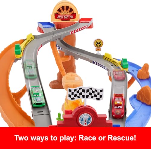 Mattel Disney and Pixar Cars Toy Playset, Lightning McQueen & Chicks Hicks & 2 Pitty Crew Vehicles, 2 Ways to Race, Race & Rescue Rescue Road Raceway - image 3