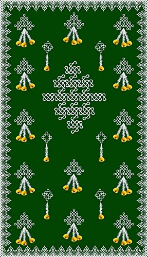 Image of Sri Yagnaa - Backdrop Cloth for Pooja Decoration Traditional - M 1 - Background Curtain Cloth for Festival Decoration (5x8 Ft) (Green Muggu Flowers Design Backdrop)