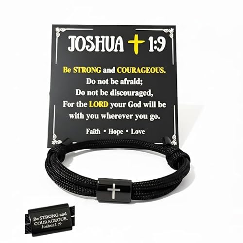 Mens Bracelet Gift, Black Cross Design with Bible Verse Joshua 1:9, Religious Catholic Baptism Confirmation Birthday Christmas for Son Grandson Nephew - 1 Piece