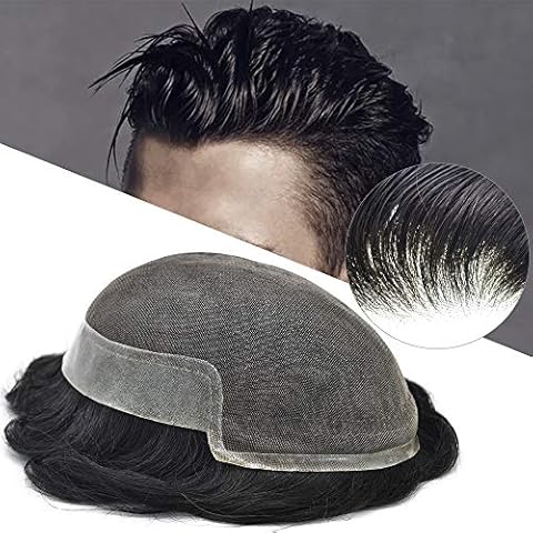 F M FACE MIRACLE NEW YORK French Lace Mens Toupee Hairpieces Poly Skin Natural Hairline Human Hair Replacement System Wig US (7"*9", 3# Dark Brown-100% Light to Medium Density) Cover