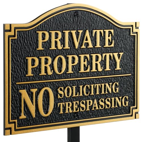 Wonderjune Brass Private Property No Soliciting No Trespassing Statement Plaque 11.5"×7.5" Do Not Soliciting Sign with Lawn Stake Solid Metal Cast Yard Sign for Yard Garden House Farm