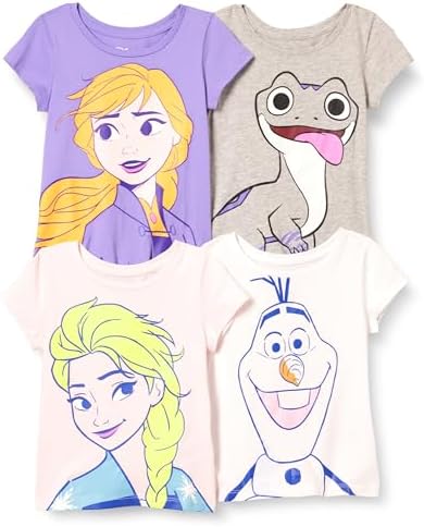 Amazon Essentials Disney | Marvel | Star Wars | Frozen | Princess Girls' Short-Sleeve T-Shirts, Pack of 4, Frozen 2 Elsa, Small