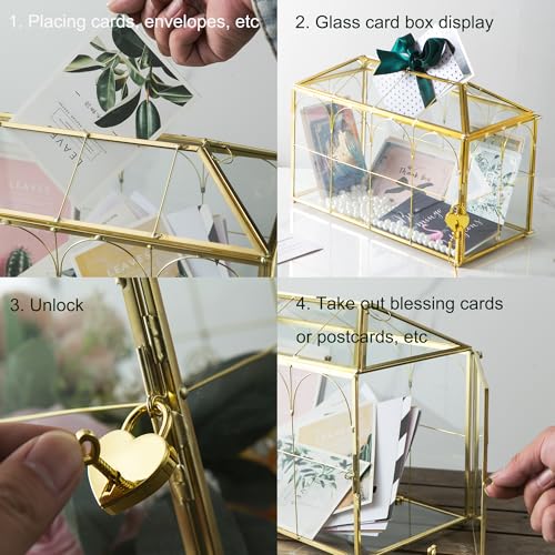 Sanllusit Glass Wedding Card Box with Slot, 12.5'' Large Clear Card Box Gold Brass Gift Card Storage Box with Lock Perfect for Wedding Receptions, Baby Shower, Birthday Party, Bridal Shower - Thumbnail 7