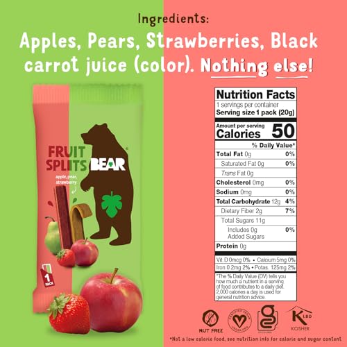 Image of BEAR Real Fruit Snack Splits - Gluten Free, Vegan, and Non-GMO - Apple and Strawberry - Healthy School And Lunch Snacks For Kids And Adults, 0.7 Ounce (Pack of 18)