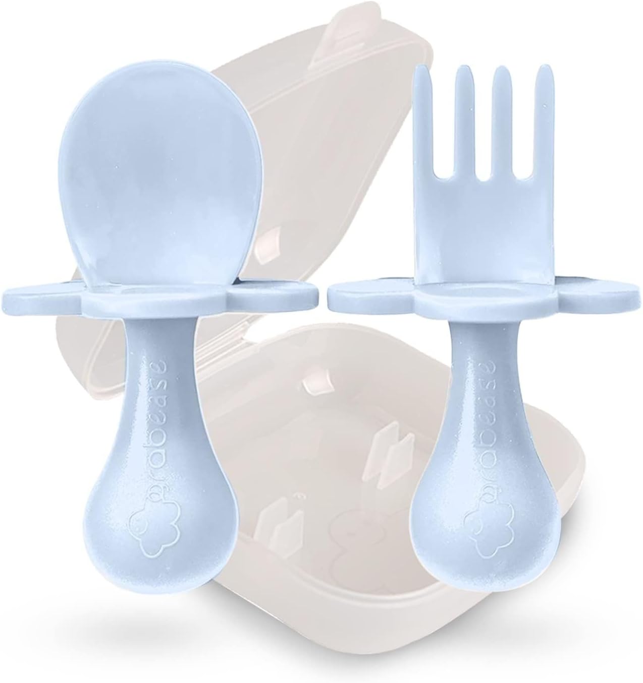 Grabease Baby Spoon & Fork Set with Case - Ergonomic Baby Utensils for Tiny Hands - Short Spoons for Self-Feeding - Training Fork for Toddlers - Ice Blue, Pack of 1
