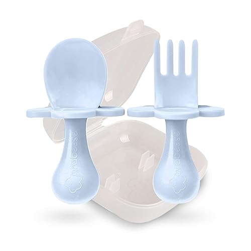 Grabease Utensilios de alimentación para bebés, tenedor y cuchara para bebés, sin BPA y sin ftalatos, 1 juego, azul