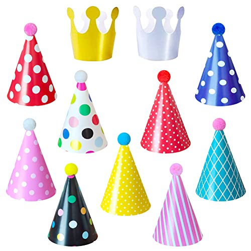 Jiosdo Birthday Party Hats, 11Pcs Cone Birthday Hats with Pom Poms, DIY Birthday Crown Paper Hats Christmas New Year Party Hats for Adults Kids Pets (9 Hats and 2 Crowns)