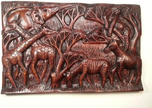 Art Afrique African Wooden Hand Carved Plaque: Elephant, Leopard, 2 Giraffes and 2 Zebras