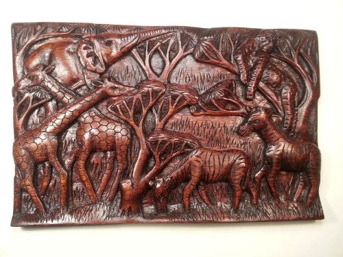 Art Afrique African Wooden Hand Carved Plaque: Elephant, Leopard, 2 Giraffes and 2 Zebras