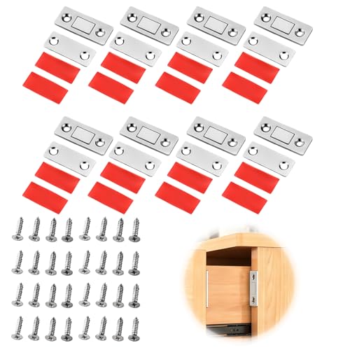8 Pièces Aimant Porte Coulissante, Loquet Magnétique Ultra Mince, pour Porte de Placard Armoire Tiroir Fenêtre, Fermeture Aimant Puissant Adhésif ou à Vis, Quincaillerie Meuble Cuisine Salle de Bain