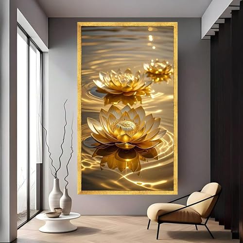 Tableau fleurs de lotus dorées pour illuminer un salon sombre 60x105