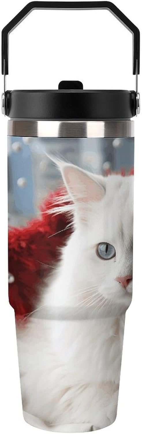Cute White Cat Water Bottle 30 Oz Fits Car Cup Holder,Insulated Coffee Mug Large Capacity Car Cups,Stainless Steel Double Wall Sport Bottle for Travel Sports Gym