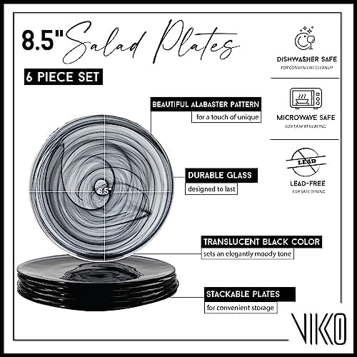 Miniatura 2 de Vikko Juego de 6 platos de almuerzo, alabastro negro, diseño de remolino marbelizado de 8.5 pulgadas, elegante entrada de vidrio, aptos para