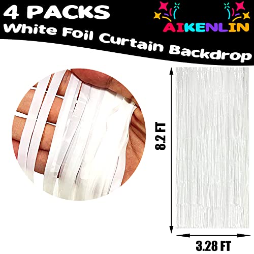 Image of 4 Pack 3.2Ft x 8.2Ft White Foil Fringe Curtain Backdrop, Metallic Tinsel Foil Fringe Streamers Curtains Background for Photo Booth, Birthday, Wedding, Disco, Bachelorette, Christmas Party Decoration