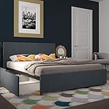 Novogratz Kelly Upholstered Bed with Storage, Dark Blue Linen, Queen