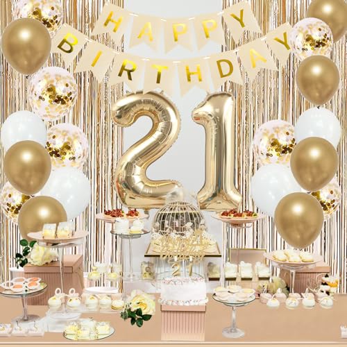 Image of Trgowaul 21st Birthday Decorations for her, Champagne Gold Happy 21st Birthday Supplies for Girls, 21 Sash and Crown, Banner, Fringe Curtains, Cake Topper, 21 Year Old Party Supplies Set