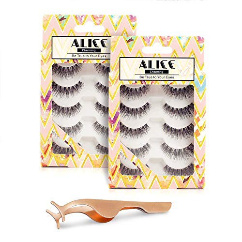 ALICE Lashes 120 Natural Wispy False Eyelashes 10 Pairs with Eyelashes Tweezers