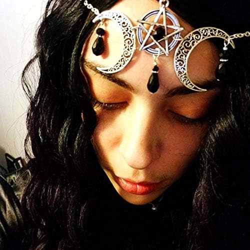 DoubleNine Star Crescent Boho Bridal Headpiece Pendant Gothic Forehead Black Beads Head Chain Headband Retro Hair Accessories Headpiece Boho Wedding Head Dress for Women Bride Wedding
