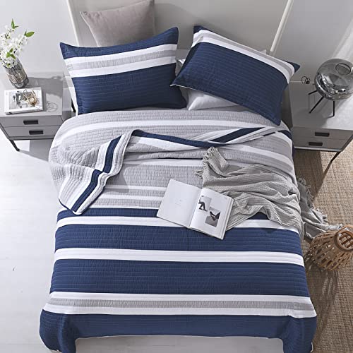 SahSahCasa Navy Blue Cotton King Quilt Bedding Set Quilted Bedspread for King Size Bed, All Season, 3pcs - Image 2
