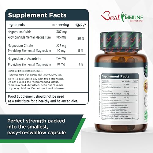 Best Immune Fortgeschrittener dreifacher Magnesiumkomplex Perfekte Proportionen Magnesiumcitrat L-Ascorbat Oxid 100 Vegane Kapseln Naturprodukt