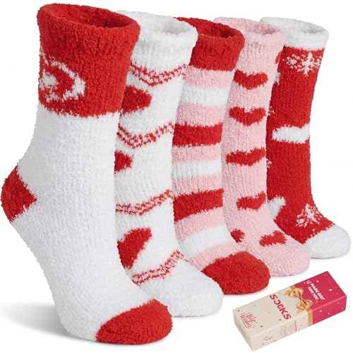 Hodola Valentines Day Gifts for Her - 5 Pairs Cozy Fuzzy Socks for Women Red Fluffy Slipper Socks for Girlfriend Wife Mom on Birthday Galentines Day