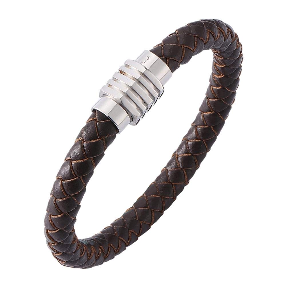 Bracelet Homme En Cuir Tressé Marron - Fermoir Magnétique Acier Inoxydable (22cm)