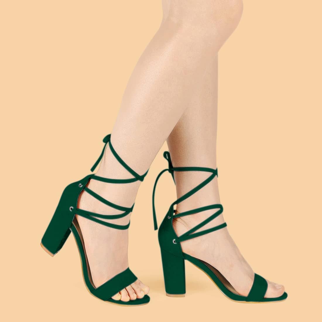 Allegra K Women's Tie Up Strappy Heels Chunky High Heels Green Sandal 8 M US - Image 2