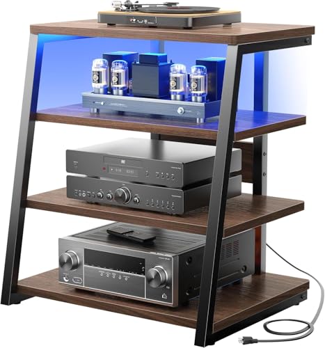 iSunirm AV Media Stand with Outlets 4-Tier Media Console with LED Lights Record Player Stand With Storage Shelves Stereo Racks and Stands Media Audio Tower Cabinet Dark Walnut