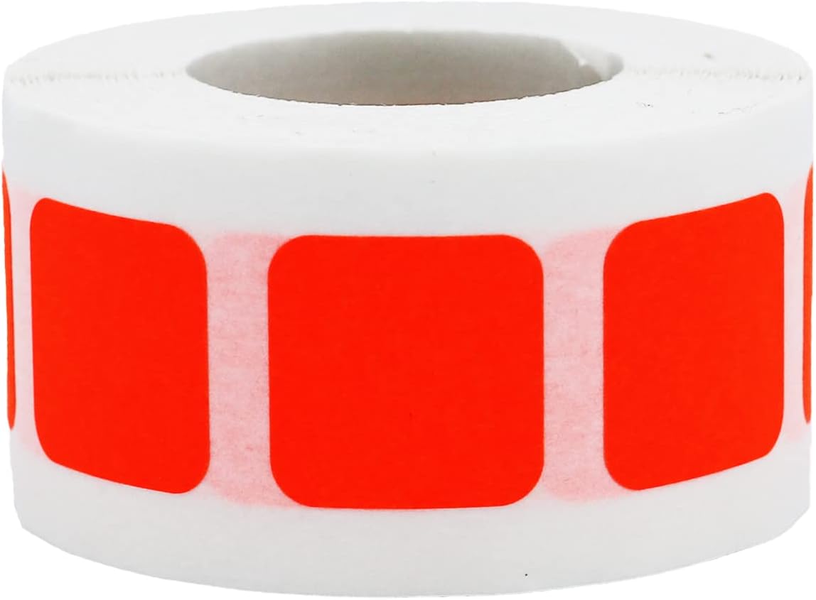 Fluorescent Red Square Color Coding Labels - 3/4 Inch Square Dots, 500 Total Adhesive Stickers on a Roll for Inventory and Organization - Made in the USA