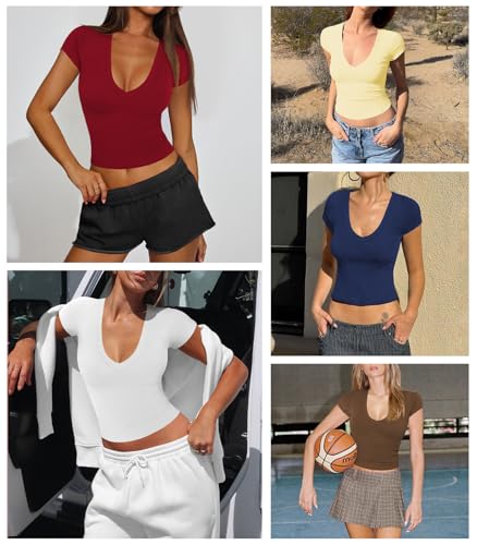 Women's Sexy V Neck Cap Short Sleeve Top Shirts Fitted Basic T Shirt for Women Tee Y2K Casual Crop Going Out Top4