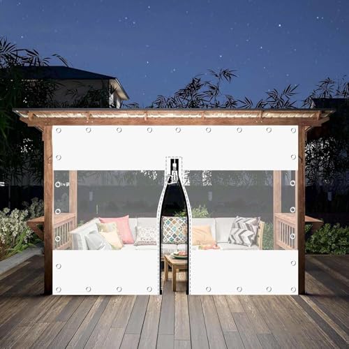 白色透明ターポリンカーテン、ファスナー付きドアのパッチワークターポリンサイドパネル、ガーデンパーゴラ・テラス・ガゼボ用、穴あきアウトドア防水カーテン,1ZipperWhite-4.5x2.3m